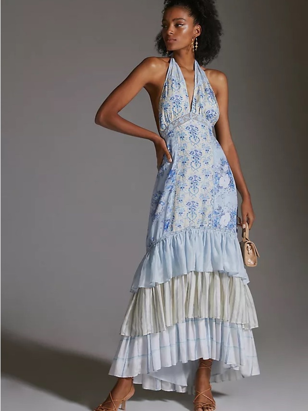LoveShackFancy Pale Blue Floral Backless Tiered Maxi Dress